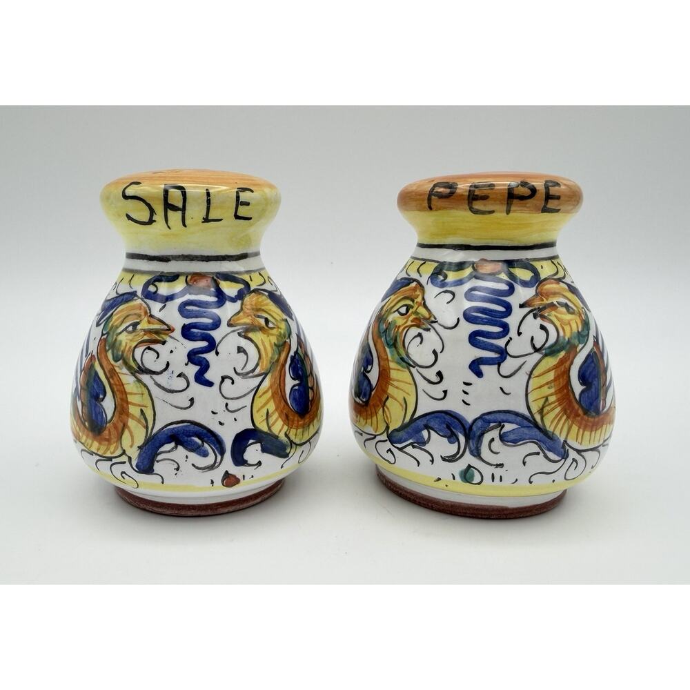 Deruta Raffaellesco Italian Salt & Pepper Shakers 3” Hand Painted Dragon Italy